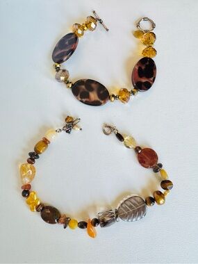 Beaded Brown & Amber Women's Bracelet Set Natural Stone Tortoise